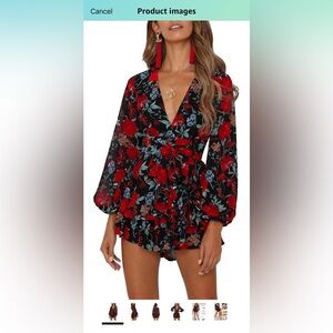 Floral Long Sleeve Romper Dress - Red and Black